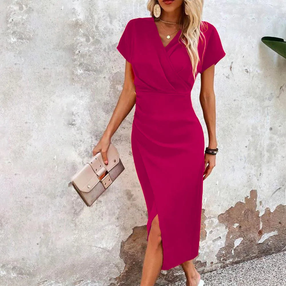 Wrap V-Neck Short Sleeve Side Ruched Slit Midi Dress