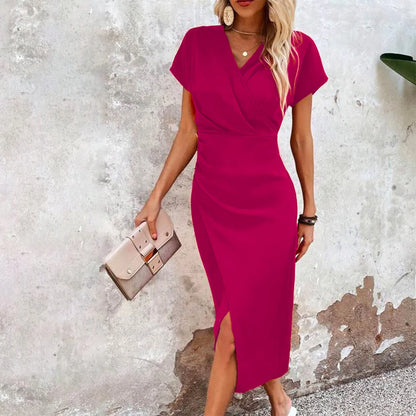 Wrap V-Neck Short Sleeve Side Ruched Slit Midi Dress