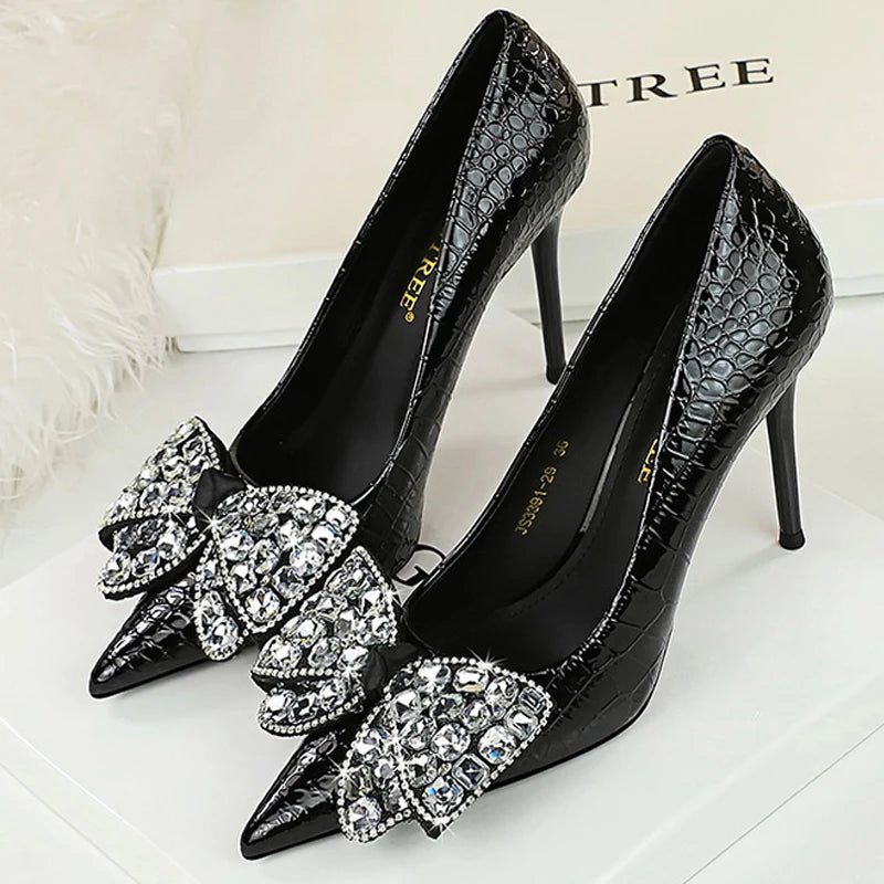 Women's Stiletto Pumps with Bowknot Design and Rhinestone Detail