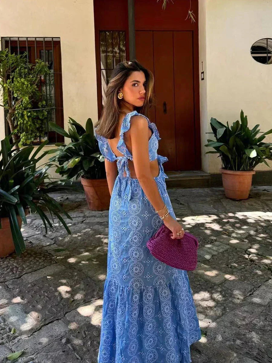 Eyelet Lace Ruffle Strap V Neck Waist Cutout Tiered Ruffle Hem Midi Dress