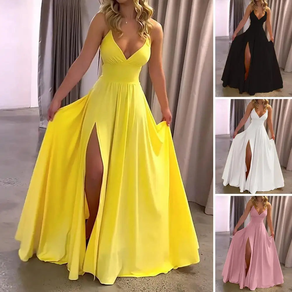 Plunging V-Neck Spaghetti Strap Ruched Waist High Slit Maxi Gown
