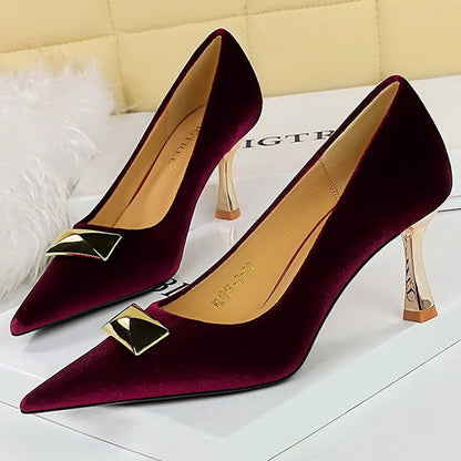Kitten Heel Pointed Metal Buckle Pumps for Women with Metal Heel
