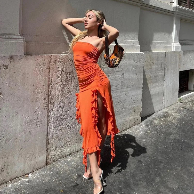 Tassel Strapless Split Skinny Bodycon Dress