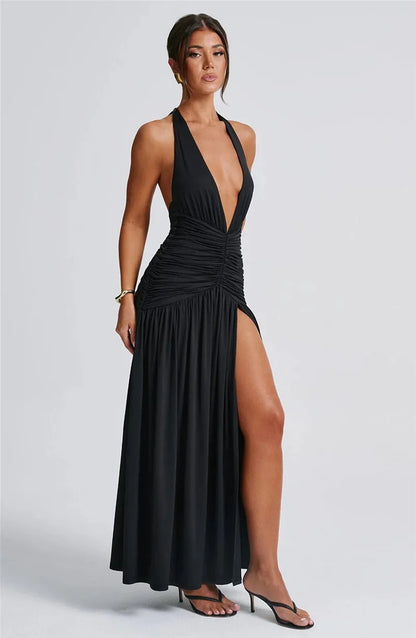 Open Back Solid Thigh High Split Long Dress