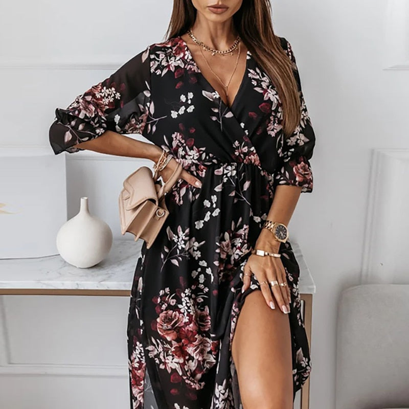 Wrap V-Neck Three Quarter Sleeve Print High Slit Maxi Dress