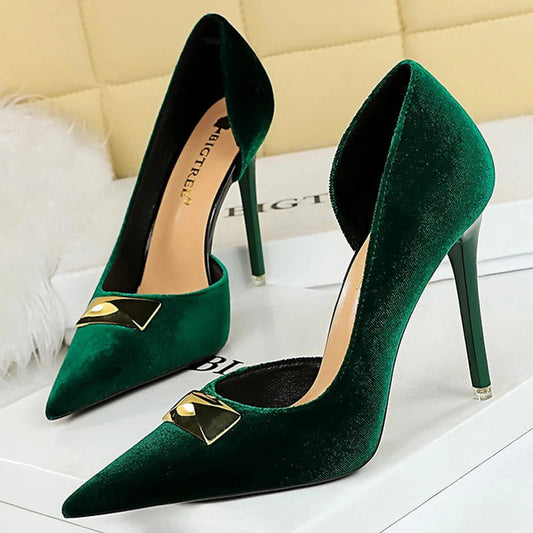Xishi Velvet High Heel Stilettos with Pointed Side Hollowing for Women