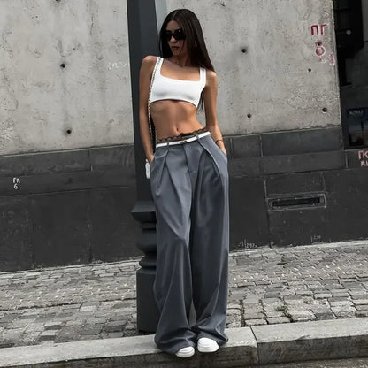Y2k Lace Patchwork Waist Pants Women Baggy Casual Korean Fashion Office Oversize Trousers Basic Old Money Pantalones