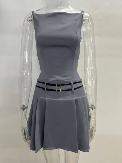 Spaghetti Strap Side Cutout Backless Top and Pleated Mini Skirt Set