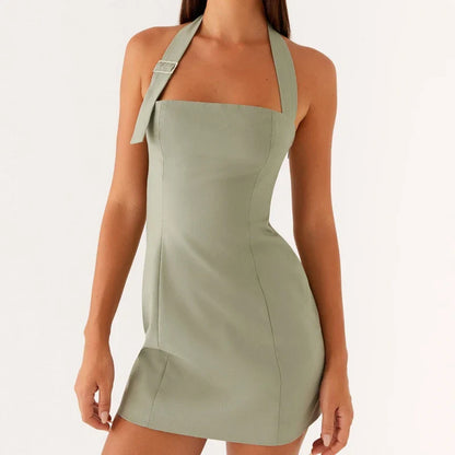 Solid Color Buckle Halter Bodycon Dress