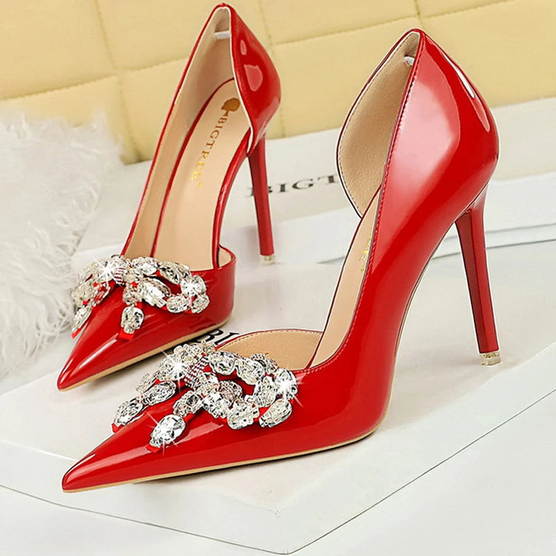 Nude Rhinestone Bowknot High Heels Patent Leather Women Pumps