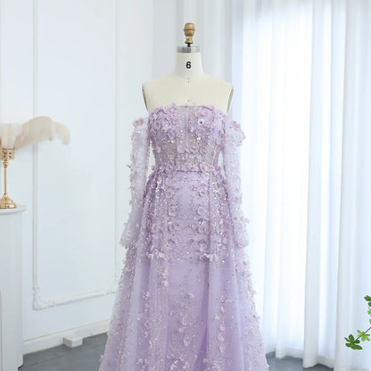 3D Flowers Evening Dress with Overskirt Long Sleeves