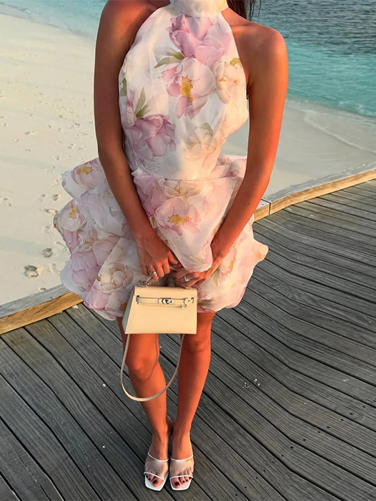 Printed Ruffle Halter Mini Dress