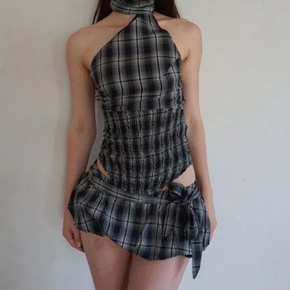 Plaid Backless Halter Bubble Skirt Two Piece Set