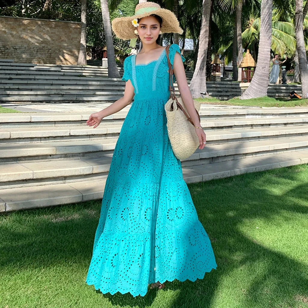 Floral Embroidery Lace Butterfly Sleeve Boho Dress