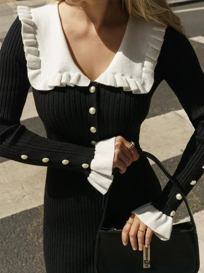Ruffled Slim Knitted Retro Maxi Dress