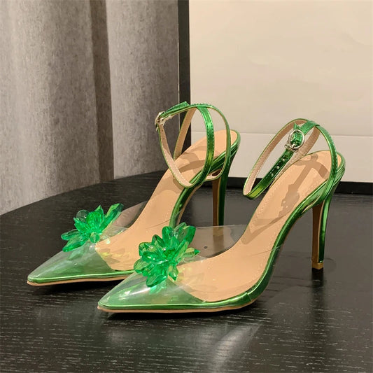 Green Crystal Flower Women Pumps with Sexy Pointed Toe High Heels