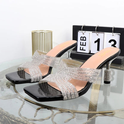 Open Toe Rhinestone Drag Slippers with Thin Heels