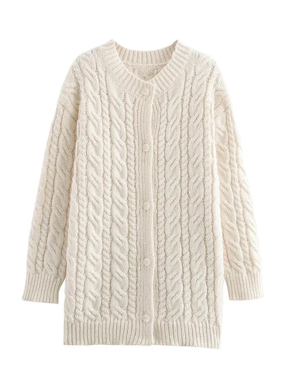 Beige Twist Knitted Cardigan Sweater Buttons Autumn Winter Women Loose Casual Long Cardigans Fashion New Female Sueter Mujer