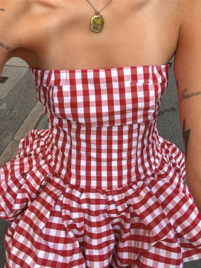 Spring Summer Plaid Tops for Women Streetwear Strapless Off Shoulder Backless Ruched Red T-shirt Girls Sleeveless Tees Top