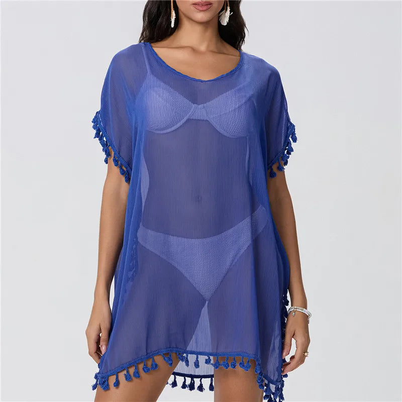 Lace Trim Tassel Fringe Sheer Scoop Neck Handkerchief Hem Beach Cover Up Dress