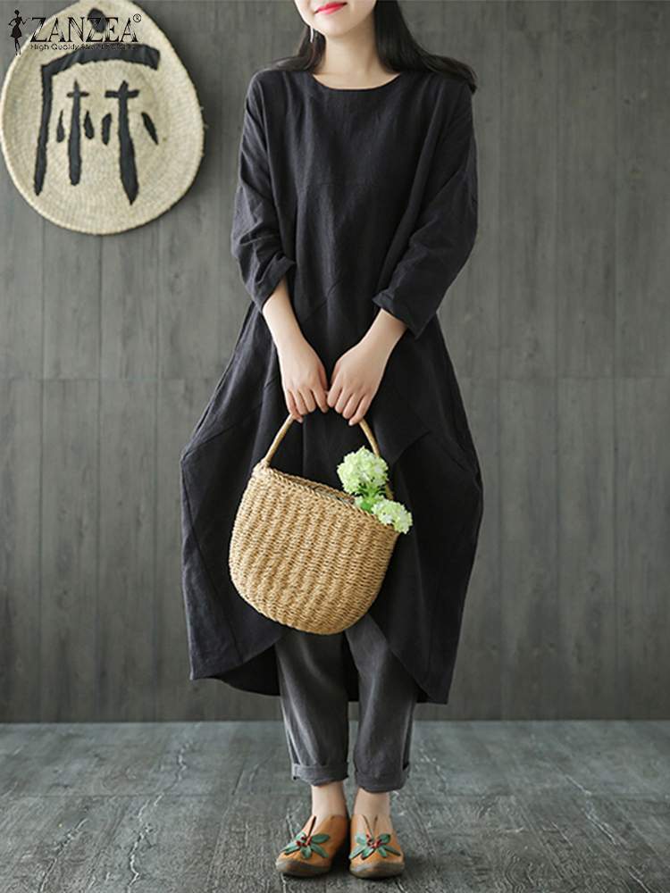Linen Blend Oversized Long Sleeve Asymmetric Wrap Hem Tunic Maxi Dress