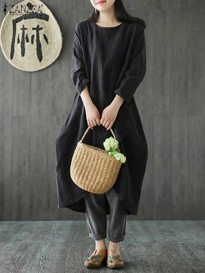 Linen Blend Oversized Long Sleeve Asymmetric Wrap Hem Tunic Maxi Dress