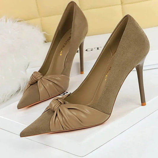 Suede Women Pumps with Bowknot Detail and High Heels for Office Lady Fashion