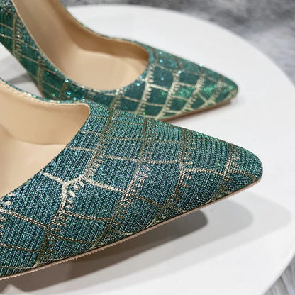 Green Glitter Embossed Crocodile Effect Pointy Toe High Heel Party Dress Shoes for Women