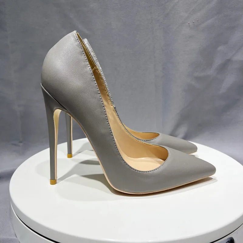 Grey Leather Soft Female Stiletto High Heel Shoes 10Cm Pointy Toe