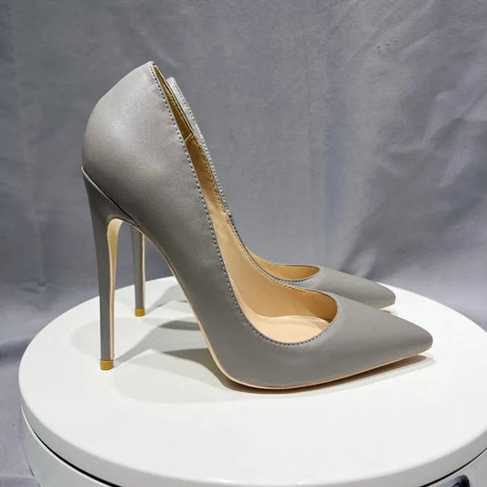 Grey Leather Soft Female Stiletto High Heel Shoes 10Cm Pointy Toe