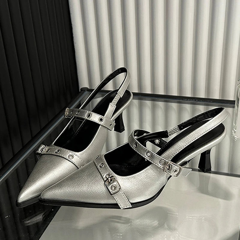 Women's Fashion Metal Buckle Pointed Toe Low Thin Heeled Sandal for Spring and Autumn
