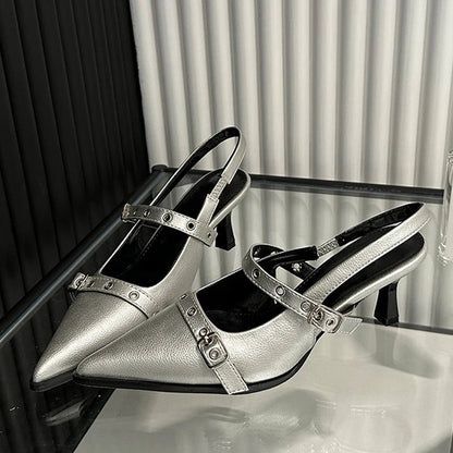 Women's Fashion Metal Buckle Pointed Toe Low Thin Heeled Sandal for Spring and Autumn
