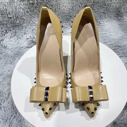 Nude Matte Pointy Toe High Heel Shoes with Spikes Bow