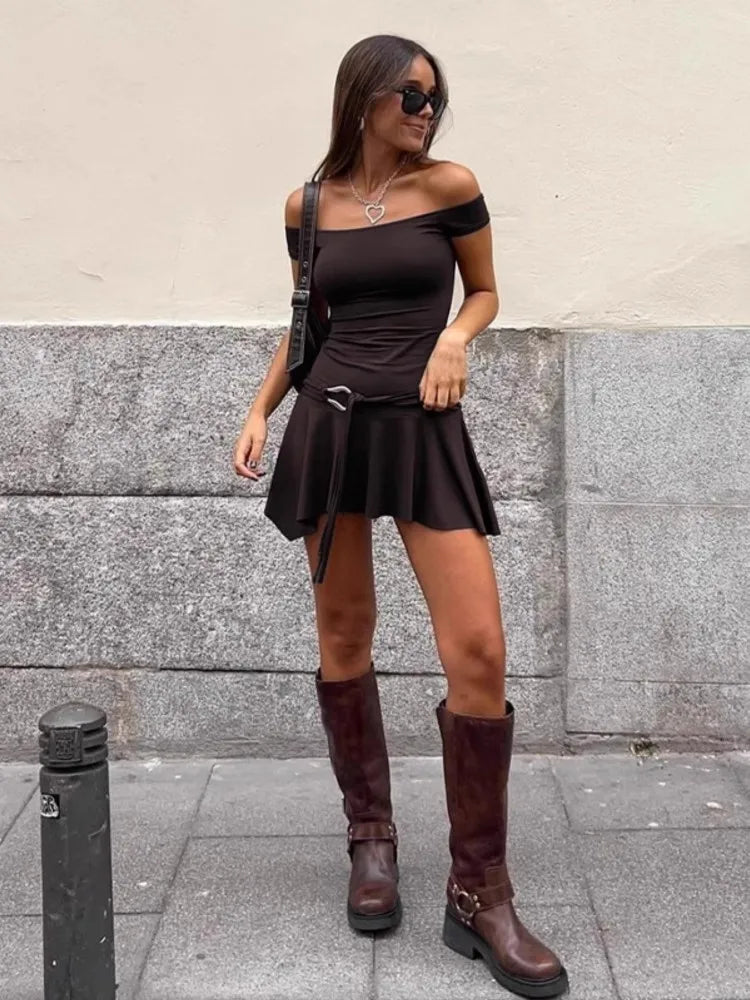 Off Shoulder Ruched Waist Ring Buckle Lace Up Pleated Mini Dress