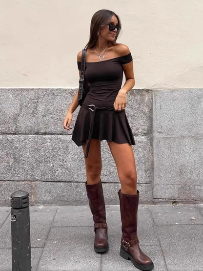 Off Shoulder Ruched Waist Ring Buckle Lace Up Pleated Mini Dress