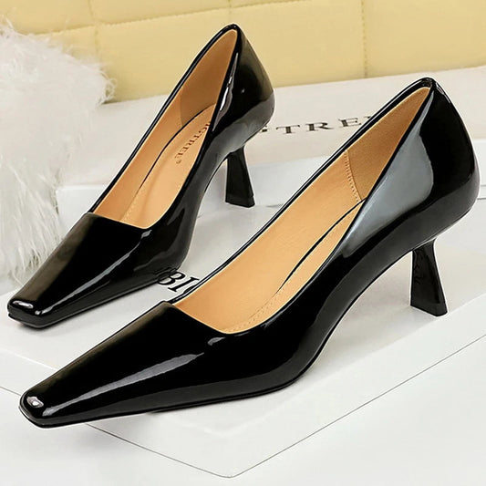 Patent Leather Kitten Heels Square Head Woman Pumps Occupational OL High Heels