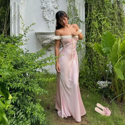 Satin Off Shoulder Ruched Sweetheart Tie Front Puff Sleeve Maxi Gown