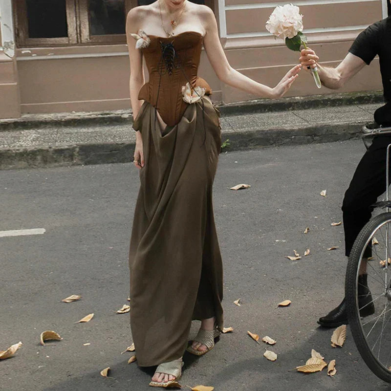 Lace Up Corset Butterfly Applique Draped Waist Maxi Skirt Set