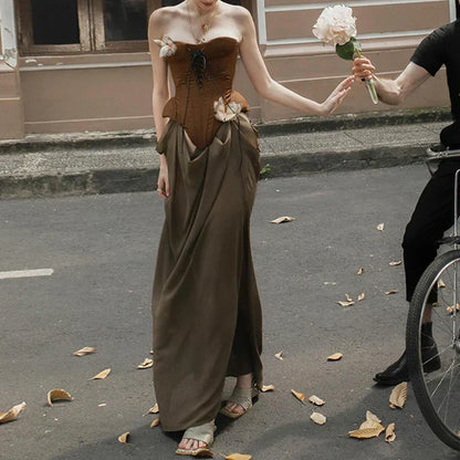 Lace Up Corset Butterfly Applique Draped Waist Maxi Skirt Set