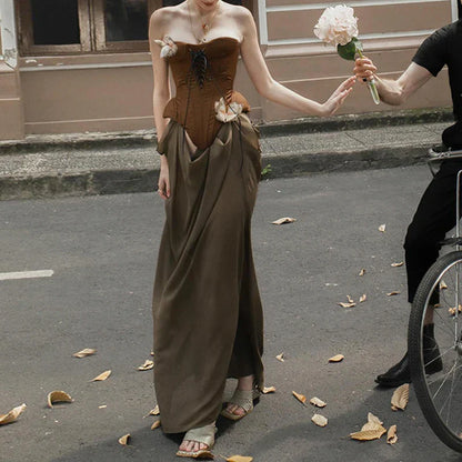 Sexy Women Butterfly Detail Strapless Long Dress Aesthetic Chic Detachable Corset Top Vintage Elegant Maxi Dresses