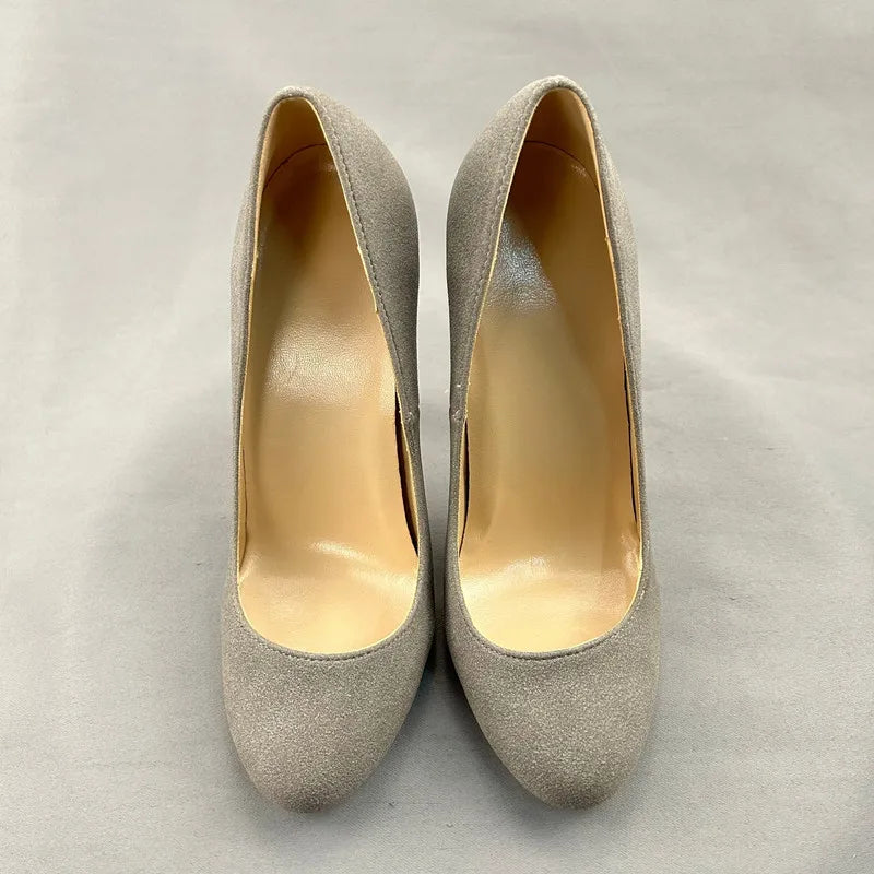 Grey Faux Suede Round Toe High Heel Shoes for Women