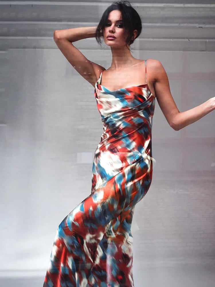 Hollow Out Print Backless Vacation Dress