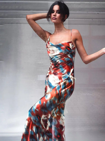 Hollow Out Print Backless Vacation Dress