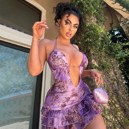 Floral Ruffles Backless Halter Mini Dress