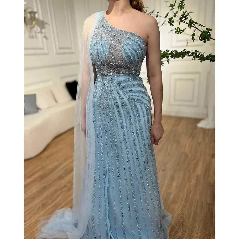 One-Shoulder Cape Sleeve Beaded Evening Dresses