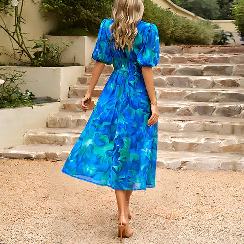 Abstract Floral Print Puff Sleeve Smocked Waist A-Line Midi Dress