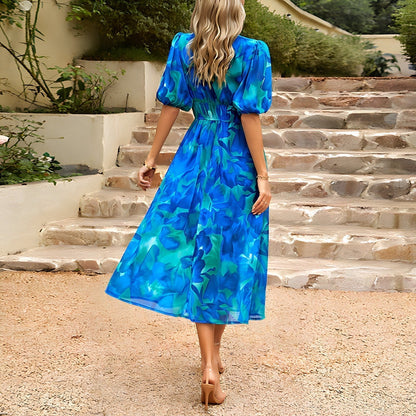 Watercolor Floral Deep V-Neck Puff Sleeve Smocked Waist Midi Dress