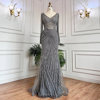 Blue Mermaid Beaded Long Sleeves Evening Gown