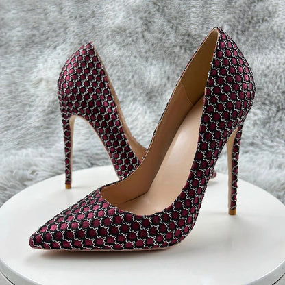 Wine Red Pointy Toe High Heel Shoes with Mesh Pattern for Women