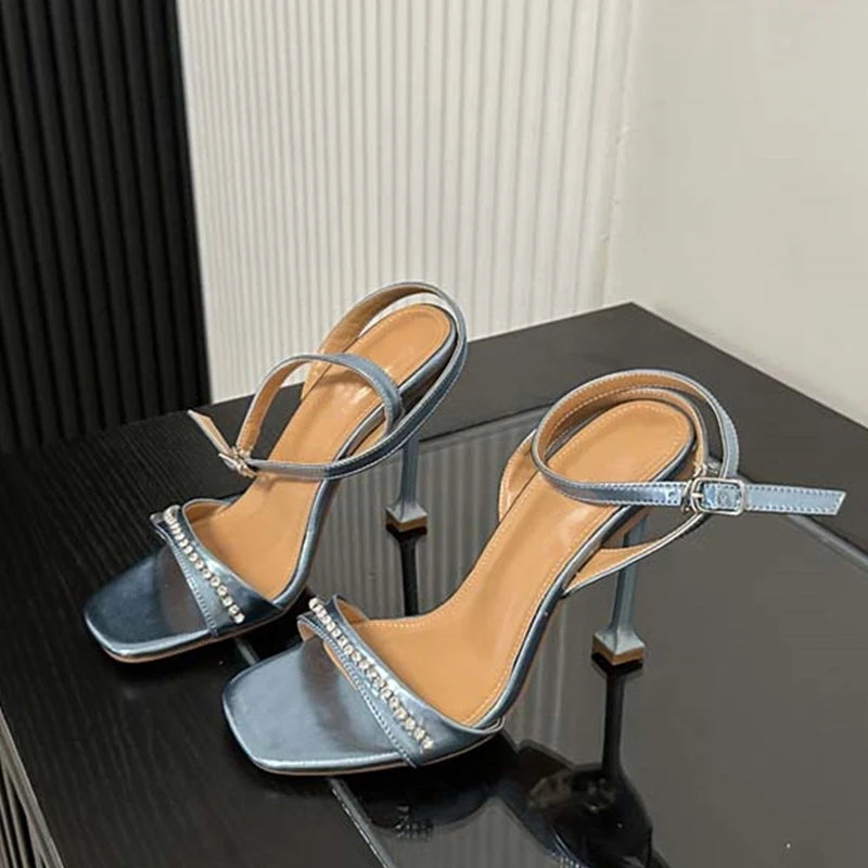 Crystal Rhinestone Sandals Women Fashion Square Toe High Heels